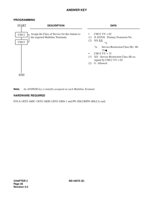 Page 55CHAPTER 2 ND-45670 (E)
Pag e 3 8
Revision 2.0
ANSWER KEY
PROGRAMMING
Note:An ANSWER key is initially assigned on each Multiline Terminal. 
HARDWARE REQUIRED 
ETJ-8-1/ETJ-16DC-1/ETJ-16DD-1/ETJ-24DS-1 and PN-2DLCB/PN-4DLCA card.
DESCRIPTION DATA
Assign the Class of Service for this feature to 
the required Multiline Terminals. • CM12 YY = 02 
(1) X-XXXX:  Primary Extension No. 
(2) XX XX
 
*a: Service Restriction Class (B):  00-
15
• CM15 YY = 72 
(1) XX : Service Restriction Class (B) as-
signed by CM12...