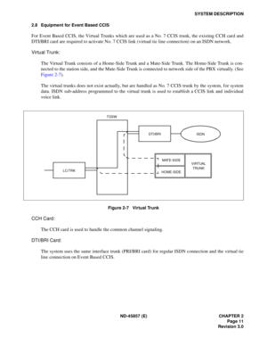 Page 19ND-45857 (E) CHAPTER 2
Page 11
Revision 3.0
SYSTEM DESCRIPTION
2.8 Equipment for Event Based CCIS
For Event Based CCIS, the Virtual Trunks which are used as a No. 7 CCIS trunk, the existing CCH card and
DTI/BRI card are required to activate No. 7 CCIS link (virtual tie line connection) on an ISDN network.
Virtual Trunk:
The Virtual Trunk consists of a Home-Side Trunk and a Mate-Side Trunk. The Home-Side Trunk is con-
nected to the station side, and the Mate-Side Trunk is connected to network side of the...