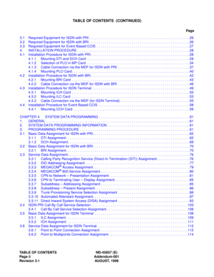 Page 4TABLE OF CONTENTS ND-45857 (E)
Page ii Addendum-001
Revision 3.1 AUGUST, 1998
TABLE OF CONTENTS  (CONTINUED)
Page
3.1 Required Equipment for ISDN with PRI . . . . . . . . . . . . . . . . . . . . . . . . . . . . . . . . . . . . . . . . . . . . . . . . . . . .26
3.2 Required Equipment for ISDN with BRI . . . . . . . . . . . . . . . . . . . . . . . . . . . . . . . . . . . . . . . . . . . . . . . . . . . .26
3.3 Required Equipment for Event Based CCIS  . . . . . . . . . . . . . . . . . . . . . . . . . . . ....