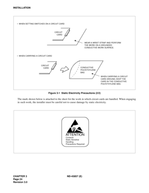 Page 32CHAPTER 3 ND-45857 (E)
Pag e 2 4
Revision 3.0
INSTALLATION
Figure 3-1  Static Electricity Precautions (2/2)
The mark shown below is attached to the sheet for the work in which circuit cards are handled. When engaging
in such work, the installer must be careful not to cause damage by static electricity.
WEAR A WRIST STRAP AND PERFORM
THE WORK ON A GROUNDED
CONDUCTIVE WORK SURFACE.
WHEN CARRYING A CIRCUIT
CARD AROUND, KEEP THE
CARD IN THE CONDUCTIVE
POLYETHYLENE BAG. CONDUCTIVE
POLYETHYLENE
BAG CIRCUIT...