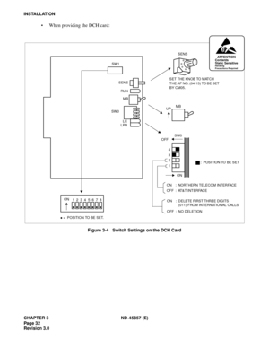 Page 40CHAPTER 3 ND-45857 (E)
Pag e 3 2
Revision 3.0
INSTALLATION
• When providing the DCH card:
Figure 3-4   Switch Settings on the DCH Card
MB
UP
SW0
ONOFF
SET THE KNOB TO MATCH 
THE AP NO. (04-15) TO BE SET 
BY CM05.SENS
: POSITION TO BE SET 4
= POSITION TO BE SET.
3
1
12345678 ON
SW1
SENS
RU N
MB
SW0
LC
LPB
ATTENTIONContents
Static Sensitive
Handling
Precautions Required
ON
OFF: NORTHERN TELECOM INTERFACE
: AT&T INTERFACE
ON
OFF: DELETE FIRST THREE DIGITS
: NO DELETION
2
   (011) FROM INTERNATIONAL CALLS 