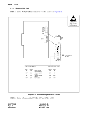 Page 48CHAPTER 3 ND-45857 (E)
Page 40 Addendum-001
Revision 3.1 AUGUST, 1998
INSTALLATION
4.1.4 Mounting PLO Card
STEP 1: On the PLO (PN-CK00) card, set the switches as shown in Figure 3-10.
Figure 3-10   Switch Settings on the PLO Card
STEP 2: On the MP card, set the SW2-2 to OFF and SW2-3 to ON.
MB
SW
SYNC
PLO0
PLO1
OFF
ON 8 
7 
6 
5 
4 
3 
2 
1
SW0MB
: POSITION TO 
  BE SET
UP
ALM
DRFT
ATTENTIONContents
Static Sensitive
Handling
Pr ec autions  Re quire d
• SELECTION OF PLO 0 • SELECTION OF PLO 1
SW0-1 SW0-2...