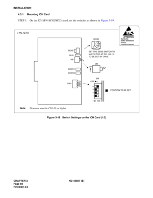 Page 60CHAPTER 3 ND-45857 (E)
Pag e 5 0
Revision 3.0
INSTALLATION
4.3.1 Mounting ICH Card
STEP 1: On the ICH (PN-SC02/SC03) card, set the switches as shown in Figure 3-19.
Figure 3-19   Switch Settings on the ICH Card (1/2)
MB
RU N
MB
SW0
SW
ON
OFF
SET THE SENS SWITCH TO 
MATCH THE AP NO. (04-15) 
TO BE SET BY CM05.SENS
: POSITION TO BE SET
1 2
3 4
SENS
DOPE1UP
ATTENTIONContents
Static Sensitive
Handling
Precautions Required
DOPE0
• PN-SC02
Note:Firmware must be CD1.00 or higher. 