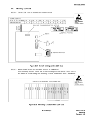 Page 69ND-45857 (E) CHAPTER 3
Page 59
Revision 3.0
INSTALLATION
4.4.1 Mounting CCH Card
STEP 1: On the CCH card, set the switches as shown below.
Figure 3-27   Switch Settings on the CCH Card
STEP 2: Mount the CCH card into one of the AP slots on PIM0-PIM7.
After mounting the card, set the MB switch to down position to put the card in service.
For details on switch settings and mounting location, refer to the Circuit Card Manual.
Figure 3-28   Mounting Location of the CCH Card
SLOT No. SETTING:
SLOT No. SET BY...