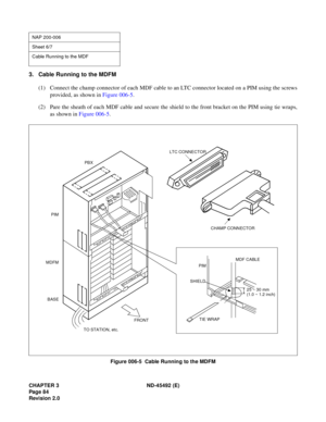 Page 101CHAPTER 3 ND-45492 (E)
Pag e 8 4
Revision 2.0
3. Cable Running to the MDFM
(1) Connect the champ connector of each MDF cable to an LTC connector located on a PIM using the screws
provided, as shown in Figure 006-5.
(2) Pare the sheath of each MDF cable and secure the shield to the front bracket on the PIM using tie wraps,
as shown in Figure 006-5.
Figure 006-5  Cable Running to the MDFM
NAP 200-006
Sheet 6/7
Cable Running to the MDF
25 ~ 30 mm 
(1.0 ~ 1.2 inch) MDF CABLE
TIE WRAP SHIELDPIM
FRONT
TO...