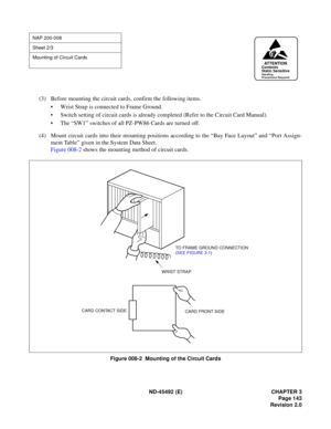 Page 160ND-45492 (E) CHAPTER 3
Page 143
Revision 2.0
(3) Before mounting the circuit cards, confirm the following items.
• Wrist Strap is connected to Frame Ground.
• Switch setting of circuit cards is already completed (Refer to the Circuit Card Manual).
• The “SW1” switches of all PZ-PW86 Cards are turned off.
(4) Mount circuit cards into their mounting positions according to the “Bay Face Layout” and “Port Assign-
ment Table” given in the System Data Sheet.
Figure 008-2 shows the mounting method of circuit...