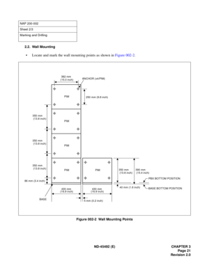 Page 38ND-45492 (E) CHAPTER 3
Page 21
Revision 2.0
2.2. Wall Mounting
• Locate and mark the wall mounting points as shown in Figure 002-2.
Figure 002-2  Wall Mounting Points
NAP 200-002
Sheet 2/3
Marking and Drilling
PIM
PIM
PIM
PIM
ANCHOR (x4/PIM)
430 mm 
(16.9 inch)
BASE
250 mm (9.8 inch)
350 mm 
 (13.8 inch)
40 mm (1.6 inch)
 BASE BOTTOM POSITION 
 PBX BOTTOM POSITION 
PIM390 mm 
 (15.4 inch)
430 mm 
(16.9 inch)
5 mm (0.2 inch)
382 mm 
 (15.0 inch)
350 mm 
 (13.8 inch)
350 mm 
 (13.8 inch)
350 mm 
 (13.8...