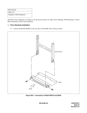 Page 40ND-45492 (E) CHAPTER 3
Page 23
Revision 2.0
Install the main equipment according to the desired procedure for either Floor Standing, Wall-Mounting, 19-Inch
Rack-Mounting or Desk Top installation.
1. Floor Standing Installation
(1) Connect the RACK PARTS to the rear side of the BASE with 4 bolts provided.
Figure 003-1  Connection of RACK PARTS and BASE
NAP 200-003
Sheet 1/37
Installation of Main Equipment
REARBASE RACK PARTS 