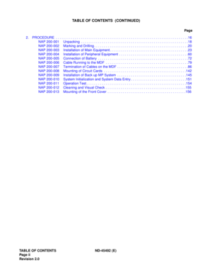 Page 7TABLE OF CONTENTS ND-45492 (E)
Pag e ii
Revision 2.0
TABLE OF CONTENTS  (CONTINUED)
Page
2. PROCEDURE  . . . . . . . . . . . . . . . . . . . . . . . . . . . . . . . . . . . . . . . . . . . . . . . . . . . . . . . . . . . . . . . . . . . . .16
NAP 200-001 Unpacking  . . . . . . . . . . . . . . . . . . . . . . . . . . . . . . . . . . . . . . . . . . . . . . . . . . . . . . . .18
NAP 200-002 Marking and Drilling . . . . . . . . . . . . . . . . . . . . . . . . . . . . . . . . . . . . . . . . . . . . . . . ....