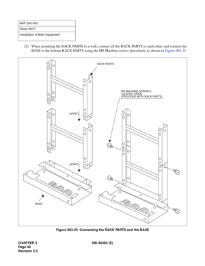 Page 65CHAPTER 3 ND-45492 (E)
Pag e 4 8
Revision 2.0
(2) When mounting the RACK PARTS to a wall, connect all the RACK PARTS to each other, and connect the
BASE to the bottom RACK PARTS using the M5 Machine screws (provided), as shown in Figure 003-21.
Figure 003-22  Connecting the RACK PARTS and the BASE
NAP 200-003
Sheet 26/37
Installation of Main Equipment
(JOINT)
RACK PARTS
M5 MACHINE SCREW-C 
(x2/JOINT AREA) 
(PROVIDED WITH RACK PARTS)
(JOINT)
BASE 