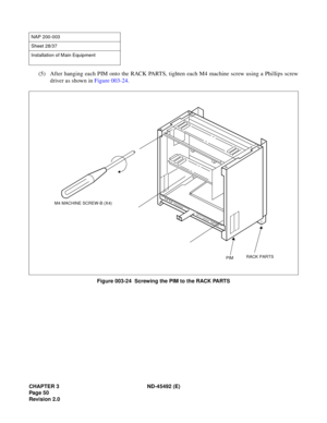 Page 67CHAPTER 3 ND-45492 (E)
Pag e 5 0
Revision 2.0
(5) After hanging each PIM onto the RACK PARTS, tighten each M4 machine screw using a Phillips screw
driver as shown in Figure 003-24.
Figure 003-24  Screwing the PIM to the RACK PARTS
NAP 200-003
Sheet 28/37
Installation of Main Equipment
M4 MACHINE SCREW-B (X4)
PIMRACK PARTS 