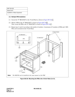 Page 71CHAPTER 3 ND-45492 (E)
Pag e 5 4
Revision 2.0
3.2. Multiple-PIM Installation
(1) Secure the 19” BRACKET to the 19-inch Rack as shown in Figure 003-26.
(2) Mount a PIM on the 19” BRACKET as shown in Figure 003-26.
Then, secure the PIM to the 19” BRACKET as shown in Figure 003-26.
(3) Repeat step (1) and (2) according to the number of modules. A maximum of 5 modules (4 PIMs and 1 MD-
FM) can be mounted in the 19-inch Rack.
Figure 003-26  Mounting the PIM to the 19-Inch Rack (2 of 2)
NAP 200-003
Sheet...