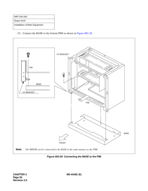 Page 73CHAPTER 3 ND-45492 (E)
Pag e 5 6
Revision 2.0
(5) Connect the BASE to the bottom PIM as shown in Figure 003-28.
Figure 003-28  Connecting the BASE to the PIM
NAP 200-003
Sheet 34/37
Installation of Main Equipment
Note:The MDFM can be connected to the BASE in the same manner as the PIM.
FRONT
BASE
BASE  PIM
19 BRACKET
19 BRACKET
PIM 