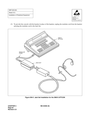 Page 79CHAPTER 3 ND-45492 (E)
Pag e 6 2
Revision 2.0
(2) To provide the console with the headset in place of the handset, unplug the modular cord from the handset
and plug the modular cord to the Jack Set.
Figure 004-3  Jack Set Installation for the SN610 ATTCON
NAP 200-004
Sheet 3/12
Installation of Peripheral Equipment
AT TENTION
Contents
Static Sensitive
Handling
Precautions Required 
SN610
AT T C O N
MODULAR
CORD
JACK SET 