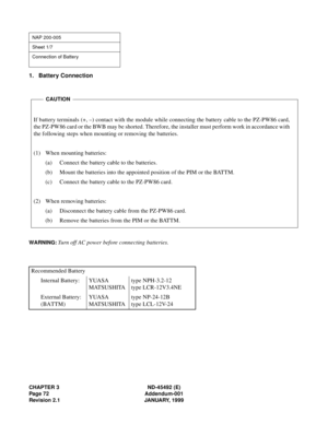 Page 89CHAPTER 3 ND-45492 (E)
Page 72 Addendum-001
Revision 2.1 JANUARY, 1999
1. Battery Connection
WARNING:Turn off AC power before connecting batteries.
NAP 200-005
Sheet 1/7
Connection of Battery
Recommended Battery
Internal Battery: YUASA
MATSUSHITAtype NPH-3.2-12
type LCR-12V3.4NE
External Battery:
(BATTM)YUASA
MATSUSHITAtype NP-24-12B
type LCL-12V-24
If battery terminals (+, –) contact with the module while connecting the battery cable to the PZ-PW86 card,
the PZ-PW86 card or the BWB may be shorted....