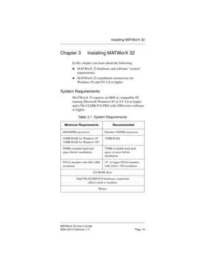 Page 26Installing MATWorX 32
MATWorX 32 User’s Guide
NDA-24215 Revision 1.0 Page 19
Chapter 3 Installing MATWorX 32
In this chapter you learn about the following:
uMATWorX 32 hardware and software “system” 
requirements
uMATWorX 32 installation instructions for 
Windows 95 and NT 4.0 or higher
System Requirements
MATWorX 32 requires an IBM or compatible PC 
running Microsoft Windows 95 or NT 4.0 or higher 
and a NEAX2000 IVS PBX with 1000 series software 
or higher.
Table 3-1  System Requirements
Minimum...