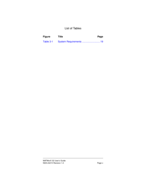 Page 7MATWorX 32 User’s Guide
NDA-24215 Revision 1.0 Page v
List of Tables
Figure Title Page
Table 3-1 System Requirements ........................... 19 