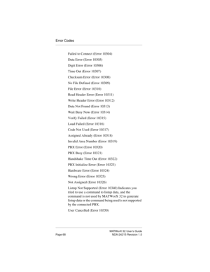 Page 75MATWorX 32 User’s Guide
Page 68 NDA-24215 Revision 1.0
Error Codes
Failed to Connect (Error 10304)
Data Error (Error 10305)
Digit Error (Error 10306)
Time Out (Error 10307)
Checksum Error (Error 10308)
No File Defined (Error 10309)
File Error (Error 10310)
Read Header Error (Error 10311)
Write Header Error (Error 10312)
Data Not Found (Error 10313)
Wait Busy Now (Error 10314)
Verify Failed (Error 10315)
Load Failed (Error 10316)
Code Not Used (Error 10317)
Assigned Already (Error 10318)
Invalid Area...
