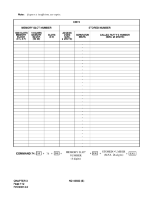 Page 125CHAPTER 3 ND-45503 (E)
Pag e 1 12
Revision 2.0Note:If space is insufficient, use copies.
CM74
MEMORY SLOT NUMBER STORED NUMBER
1000 SLOTS
MEMORY
BLOCK
(0-4, 8-F)10 SLOTS
MEMORY
BLOCK
(00-99)SLOTS
(0-9)ACCESS
CODE
(MAX.
2 DIGITS)SEPARATOR
MARKCALLED PARTY’S NUMBER
 (MAX. 26 DIGITS)
,
,
,
,
,
,
,
,
,
,
,
,
,
,
,
,
,
,
,
,
,
,
,
,
,
,
,
,
,
,
,
,
,
MEMORY SLOT 
NUMBER
(4 digits)STORED NUMBER
(MAX. 26 digits)ST + + +DE+DE
COMMAND 74:+EXE
74+ 