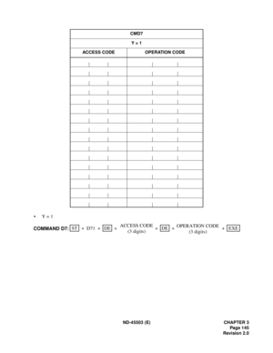 Page 160ND-45503 (E) CHAPTER 3
Pag e 1 45
Revision 2.0
•Y = 1
CMD7
Y = 1
ACCESS CODE OPERATION CODE
STEXE ++ ++
D71DEDE
COMMAND D7:+ + ACCESS CODE
(3 digits)OPERATION CODE
(3 digits) 