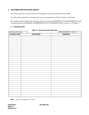 Page 21CHAPTER 2 ND-45503 (E)
Pag e 12
Revision 2.0
3. CUSTOMER SPECIFICATION SHEETS
This section provides the various sheets for designing the customer specifications of the PBX.
The office data required for customizing the system are programmed with the customer specification.
The installer should complete the following sheets by referring the RESIDENT SYSTEM PROGRAM in the
Command Manual and GENERAL INFORMATION ON CUSTOMIZING DATA in Section 2 of Chapter 3.
3.1 Numbering Plan
Table 2-2  Numbering Plan Data...