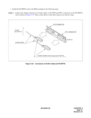 Page 65 ND-46550 (E) CHAPTER 3
Pag e 57
Revision 2.0
• Install the PZ-8PFTA card to the PIM according to the following steps.
STEP 1:
Connect the champ connectors of 25-pair cables to the PFT0 and PFT1 connectors on the PZ-8PFTA
card as shown in Figure 3-33. Then, secure them to each other using screws and tie wraps.
Figure 3-33    Connection of 25-Pair Cable and PZ-8PFTA
+
+
25-PAIR CABLE
CHAMP CONNECTOR (Provided with PZ-8PFTA)
PFT0 CONNECTOR
PFT1 CONNECTOR
PZ-8PFTA
+
+TO MDF
(See STEP 3: ) 