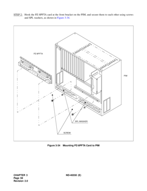 Page 66CHAPTER 3 ND-46550 (E)  
Pag e 5 8
Revision 2.0
STEP 2:Hook the PZ-8PFTA card at the front bracket on the PIM, and secure them to each other using screws
and SPL washers, as shown in Figure 3-34.
Figure 3-34    Mounting PZ-8PFTA Card to PIM
SPL WASHER
SCREW PZ-8PFTA
PIM
+
+
+
+ 