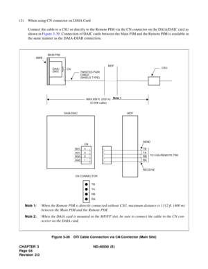 Page 72CHAPTER 3 ND-46550 (E)  
Pag e 6 4
Revision 2.0
(2) When using CN connector on DAIA Card
Connect the cable to a CSU or directly to the Remote PIM via the CN connector on the DAIA/DAIC card as
shown in Figure 3-39. Connection of DAIC cards between the Main PIM and the Remote PIM is available in
the same manner as the DAIA-DIAB connection.
Figure 3-39    DTI Cable Connection via CN Connector (Main Site)
CSU MDF
TWISTED-PAIR
CABLE DAIA BWBMAIN PIM
(SHIELD TYPE) CN
DAIA/DAIC MDF
CN
TB
TA
RB
RA
TO CSU/REMOTE...