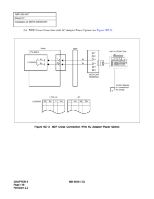 Page 130CHAPTER 3 ND-46551 (E)
Pag e 1 18
Revision 2.0
NAP-200-007
Sheet 3/11
Installation of SN716 DESKCON
(b) MDF Cross Connection with AC Adapter Power Option (see Figure 007-3)
Figure 007-3  MDF Cross Connection With AC Adapter Power Option
26 Bx 1 Ax
LTC0 (J)
1Ax26Bx
(P)
LEN0000
MDF
LEN0000
Ax
Bx
Ax
Bx
PN-8DLCPIM0
1
26
1
2
3
4
5
6
MODULAR
TERMINAL
-24 AC Adapter
to Commercial
AC Outlet
SN716 DESKCON 