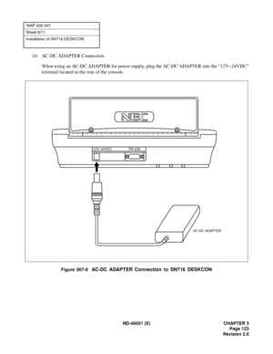 Page 135ND-46551 (E) CHAPTER 3
Page 123
Revision 2.0
NAP-200-007
Sheet 8/11
Installation of SN716 DESKCON
(4) AC-DC ADAPTER Connection
When using an AC-DC ADAPTER for power supply, plug the AC-DC ADAPTER into the “12V~24VDC”
terminal located at the rear of the console.
Figure 007-8  AC-DC ADAPTER Connection to SN716 DESKCON
AC-DC ADAPTER
RS-232 12V~24VDC 