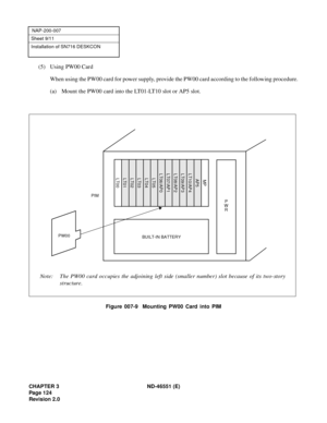 Page 136CHAPTER 3 ND-46551 (E)
Pag e 1 24
Revision 2.0
NAP-200-007
Sheet 9/11
Installation of SN716 DESKCON
(5) Using PW00 Card
When using the PW00 card for power supply, provide the PW00 card according to the following procedure.
(a) Mount the PW00 card into the LT01-LT10 slot or AP5 slot.
Figure 007-9  Mounting PW00 Card into PIM
BUILT-IN BATTERY
Note: The PW00 card occupies the adjoining left side (smaller number) slot because of its two-story
structure.
PIM
P
W
R...