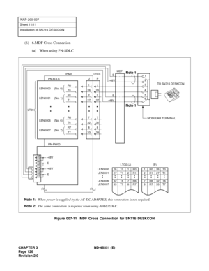 Page 138CHAPTER 3 ND-46551 (E)
Pag e 1 26
Revision 2.0
NAP-200-007
Sheet 11/11
Installation of SN716 DESKCON
(6) 6.MDF Cross Connection
(a) When using PN-8DLC
Figure 007-11  MDF Cross Connection for SN716 DESKCON
33T7338
R7832
T6327
R6727
T12726
T026
2
1
MDF
R01
R12
LEN0000     (No. 0)
PIM0
P
PN-8DLC
LT00LTC0
J
LEN0001     (No. 1)
LEN0006     (No. 6)
LEN0007     (No. 7)
•
••
••
••
•
1R026T0
2R127T1
7R632T6
8R733T7
(P)
26 T0 1 R0
27 T1 2 R1
32 T6 7 R6
33 T7 8 R7LEN0000
LEN0001
LEN0006
LEN0007
LTC0 (J)
•
••
••
••...