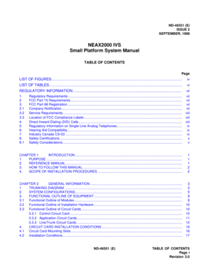 Page 3ND-46551 (E)
ISSUE 2
SEPTEMBER, 1998
NEAX2000 IVS
Small Platform System Manual
TABLE OF CONTENTS
Page
LIST OF FIGURES.......................................................................................................................................... iv
LIST OF TABLES............................................................................................................................................ vi
REGULATORY INFORMATION...