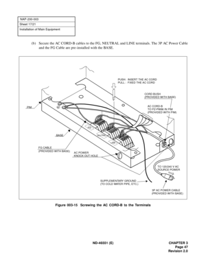 Page 59ND-46551 (E) CHAPTER 3
Page 47
Revision 2.0
NAP-200-003
Sheet 17/21
Installation of Main Equipment
(b) Secure the AC CORD-B cables to the FG, NEUTRAL and LINE terminals. The 3P AC Power Cable
and the FG Cable are pre-installed with the BASE.
Figure 003-15  Screwing the AC CORD-B to the Terminals
FG
NEUTRAL
LINE
BASE
3P AC POWER CABLE
TO 120/240 V AC  
SOURCE POWER
AC POWER 
KNOCK OUT HOLE
(PROVIDED WITH BASE)
FG CABLE
(PROVIDED WITH BASE)
PIMAC CORD-B 
PUSH 
PULL:  INSERT THE AC CORD 
:  FIXED THE AC...