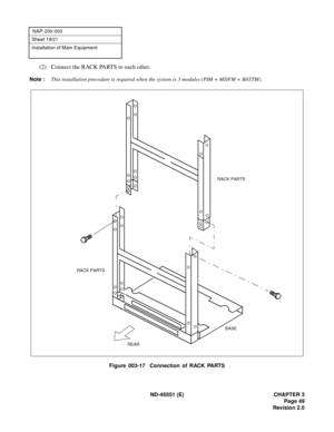 Page 61ND-46551 (E) CHAPTER 3
Page 49
Revision 2.0
NAP-200-003
Sheet 19/21
Installation of Main Equipment
(2) Connect the RACK PARTS to each other.
Note :This installation procedure is required when the system is 3 modules (PIM + MDFM + BATTM).
Figure 003-17  Connection of RACK PARTS
RACK PARTS
REAR
RACK PARTS
BASE 
