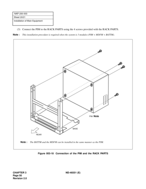 Page 62CHAPTER 3 ND-46551 (E)
Pag e 5 0
Revision 2.0
NAP-200-003
Sheet 20/21
Installation of Main Equipment
(3) Connect the PIM to the RACK PARTS using the 4 screws provided with the RACK PARTS.
Note :This installation procedure is required when the system is 3 modules (PIM + MDFM + BATTM).
Figure 003-18  Connection of the PIM and the RACK PARTS
REAR
PIM  Note
BASE
Note :The BATTM and the MDFM can be installed in the same manner as the PIM. 
