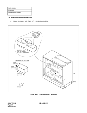 Page 66CHAPTER 3 ND-46551 (E)
Pag e 5 4
Revision 2.0
NAP-200-004
Sheet 3/5
Connection of Battery
1.1 Internal Battery Connection
(1) Mount the battery unit (24 V DC, 3.4 AH) into the PIM.
Figure 004-1  Internal Battery Mounting
FRONT 67mmDIMENSION OF BATTERY
BATTERY UNIT
(24V DC, 3.4AH)
(LOCALLY PROVIDED)
(2.6 inch)
134mm
(5.3 inch) 60mm
(2.4 inch)
PIM
BASE 