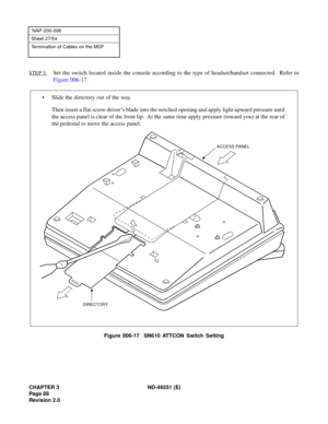 Page 100CHAPTER 3  ND -4 6551 ( E)
NAP-2 00-0 06
S et th e s wit ch lo cate d  insid e th e c o nsol e a cc ording t o the  type o f h ea d se t/h ands et  conn ec te d .   R ef er to
•   Slid e the  di rec tory o ut o f th e w ay.
A CCESS PANEL 