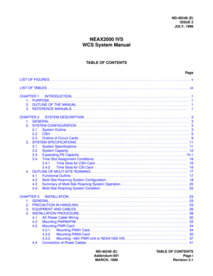 Page 11ND-46248 (E)
ISSUE 2
JULY, 1998
NEAX2000 IVS
WCS System Manual
TABLE OF CONTENTS
Page
ND-46248 (E) TABLE OF CONTENTS
Addendum-001 Page i
MARCH, 1999 Revision 2.1 LIST OF FIGURES . . . . . . . . . . . . . . . . . . . . . . . . . . . . . . . . . . . . . . . . . . . . . . . . . . . . . . . . . . . . . . . . . . . . . . . . . v
LIST OF TABLES  . . . . . . . . . . . . . . . . . . . . . . . . . . . . . . . . . . . . . . . . . . . . . . . . . . . . . . . . . . . . . . . . . . . . . . . . .  vii
CHAPTER 1...