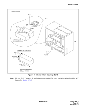 Page 103ND-46248 (E) CHAPTER 3Page 83
Revision 2.0
INSTALLATION
Figure 3-35  Internal Battery Mounting (2 of 2)
Note:
The two (2) 12V batteries do not backup power feeding ZTs, which can be backed up by adding 48V 
b atter y.  See  Se ction 4 .11.2 .
FRONT
W 34 mm DIMENSION OF BATTERY
BATTERY UNIT 
(2 
× 12V DC, 2.6AH)
(1.3 inch) L 178 mm(7.1 inch)
H 60 mm
(2.4 inch) PIM
Blue
Red
Pin # 4
Pin # 1

  NEAX1000 IVS
Recommended Battery 
GS type PX12026
Black 