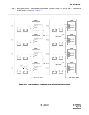 Page 105ND-46248 (E) CHAPTER 3Page 85
Revision 2.0
INSTALLATION
STEP 4: When the system is a multiple PIM configuration, plug the PWR CA-A into the BATT2 connector on the  PW 86  ca rd  as s how n in  Fig ure  3-37.
Figure 3-37    Internal Battery Connection for a Multiple PIM Configuration
PWR CA-A
BATT2 
BATT1
PW86
–+–+
PIM3
BATT2 
BATT1
PW86
–+–+
PIM2
BATT2 
BATT1
PW86
–+–+
PIM1
BATT2 
BATT1
PW86
–+–+
PIM0
BATTERY CABLE
BATT2 
BATT1
PW86
–+–+
PIM7
BATT2 
BATT1
PW86
–+–+
PIM6
BATT2 
BATT1
PW86
–+–+
PIM5
BATT2...