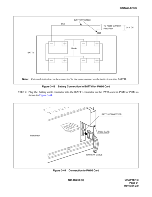 Page 111ND-46248 (E) CHAPTER 3Page 91
Revision 2.0
INSTALLATION
Figure 3-43    Battery Connection in BATTM for PW86 Card
STEP 2: Plug the battery cable connector into the BATT1 connector on the PW86 card in PIM0 or PIM4 as sh ow n in  Fi gure  3 -44 .
Figure 3-44    Connection to PW86 Card
TO PW86 CARD IN 
PIM0/PIM4
BATTERY CABLE
BATTM
Note:External batteries can be connected in the same manner as the batteries in the BATTM.
Blue Black Red
24 V DC
BATTERY CABLE
PW86 CARDBATT1 CONNECTOR
PIM0/PIM4 