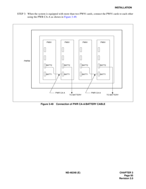 Page 115ND-46248 (E) CHAPTER 3Page 95
Revision 2.0
INSTALLATION
STEP 3: When the system is equipped with more than two PW91 cards, connect the PW91 cards to each other usin g t he P WR CA-A  as s how n in  Fig ure  3-49 .
Figure 3-49    Connection of PWR CA-A/BATTERY CABLE
PWRM
PW91
BATT2 
BATT1PW91
BATT2 
BATT1PW91
BATT2 
BATT1PW91
BATT2 
BATT1
TO BATTERYTO BATTERYPWR CA-APWR CA-A 