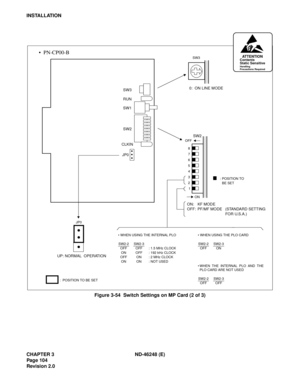 Page 124CHAPTER 3 ND-46248 (E)
Pag e 10 4
Revision 2.0
INSTALLATION
Figure 3-54  Switch Settings on MP Card (2 of 3)
SW3
RUN
SW1
SW2
CLKIN
JP0
0: ON LINE MODE
JP0
:  POSITION TO BE SET
  PN-CP00-B
 WHEN USING THE INTERNAL PLO WHEN USING THE PLO CARD
SW2-2SW2-3 SW2-2SW2-3
OFF OFF : 1.5 MHz CLOCK OFF ON
ON OFF : 192 kHz CLOCK
OFF ON : 2 MHz CLOCK
ON ON : NOT USED
WHEN THE INTERNAL PLO AND THE
PLO CARD ARE NOT USED
SW2-2 SW2-3
OFF OFF
SW2OFF
ON 8
 
7 
6 
5 
4 
3 
2 
1
: POSITION TO 
  BE SET
ON: KF MODE
OFF:...