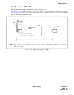 Page 127ND-46248 (E) CHAPTER 3Pag e 10 7
Revision 2.0
INSTALLATION
5.5 Cable Connection via MDF for DTI
Co nne ct  the  ca b le  to a  CSU via  t h e MDF as  sh ow n  in  Figu re 3 -56 .
F igu re  3-57  sh ow s the  L T C  con nec tor  co rr e sp onds  with  the AP  s lot s, a n d DTI  pin  a ss ignment  f o r  ea ch AP
s lo t, and  F igu re 3 -58  sh ow s an  e x ample  o f t h e ca ble  c onn ect ion wh en the  DTI  ca rd is  mo unt ed in  the AP0
slot of PIM0 on the NEAX2000 IVS.
Figure 3-56    Cable...