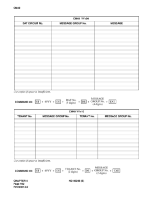 Page 216CHAPTER 4 ND-46248 (E)
Pag e 19 2
Revision 2.0
CM49
Use copies if space is insufficient.
Use copies if space is insufficient.
CM49  YY=00
DAT CIRCUIT No. MESSAGE GROUP No. MESSAGE
CM49 YY=10
TENANT No. MESSAGE GROUP No. TENANT No. MESSAGE GROUP No.
+DAT No.COMMAND 49:ST EXEDEDE 49YY + + + + +
(3 digits)MESSAGE
GROUP No.
(4 digits)
+
TENANT No.COMMAND 49:ST EXEDEDE 49YY + + + + +
(2 digits)MESSAGE
GROUP No.
(2 digits) 