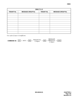 Page 217ND-46248 (E) CHAPTER 4
Pag e 19 3
Revision 2.0
CM49
Use copies if space is insufficient.
CM49 YY=12
TENANT No. MESSAGE GROUP No. TENANT No. MESSAGE GROUP No.
+TENANT No.COMMAND 49:ST EXEDEDE 49YY + + + + +
(2 digits)MESSAGE
GROUP No.
(2 digits) 