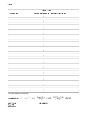 Page 220CHAPTER 4 ND-46248 (E)
Pag e 19 6
Revision 2.0
CM5A
Use copies if space is insufficient.
CM5A  YY=00
BLOCK No. VIRTUAL TRUNK No. +, + VIRTUAL STATION No.
,
,
,
,
,
,
,
,
,
,
,
,
,
,
,
,
,
,
,
,
,
,
,
,
,
,
,
,
,
,
,
,
SETTING DATA
(6-9 digits) +BLOCK No.COMMAND 5A:ST EXEDEDE 5AYY + + + + +
(3 digits) 