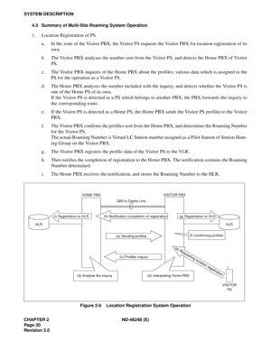 Page 40CHAPTER 2 ND-46248 (E)
Pag e 20
Revision 2.0
SYSTEM DESCRIPTION
4.3 Summary of Multi-Site Roaming System Operation
1. Location Registration of PS
a. In the zone of the Visitor PBX, the Visitor PS requests the Visitor PBX for location registration of its
own. 
b. The Visitor PBX analyses the number sent from the Visitor PS, and detects the Home PBX of Visitor
PS.
c. The Visitor PBX inquires of the Home PBX about the profiles; various data which is assigned to the
PS for the operation as a Visitor PS.
d....