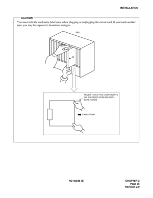 Page 45ND-46248 (E) CHAPTER 3
Page 25
Revision 2.0
INSTALLATION
CARD FRONT
PBX
NEVER TOUCH THE COMPONENTS 
OR SOLDERED SURFACE WITH 
BARE HANDS.
You must hold the card name label area, when plugging or unplugging the circuit card. If you touch another 
area, you may be exposed to hazardous voltages.
CAUTION 